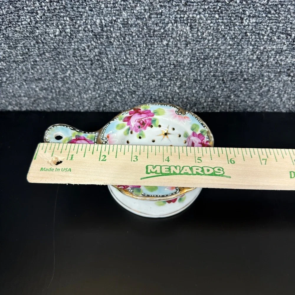Vintage Japan Porcelain Tea Strainer Drip Bowl Pink Roses Gold Gilt Floral Set